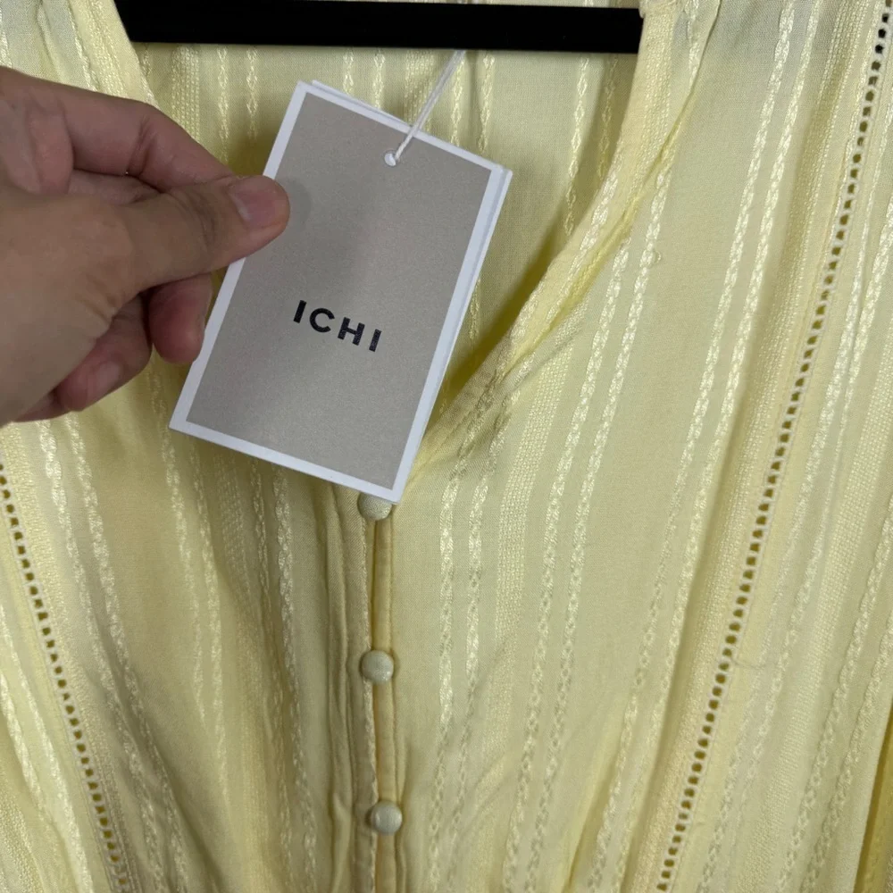 ICHI Yellow Textured Midi Dress Size 36 Button Front Short Sleeve Summer - Picture 5 of 13